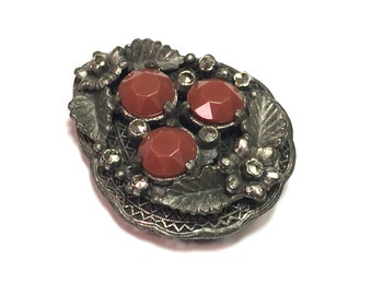 Pinza para vestido vintage de filigrana de plata de los años 40 / Cristal de marcasita y cobre