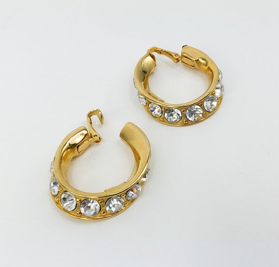 KJL | 1980s Gold & Rhinestone Hoop Earrings | 80s… - image 5