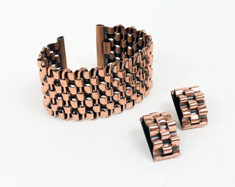 Renoir | 1950s Copper Cuff & Earring Set | 50s Woven Copper Bracelet Set | Copper Bracelet Set | Renoir