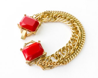 Bracelet multi-chaînes en or des années 1950 | Bracelet Carrés Or & Rouge des années 50