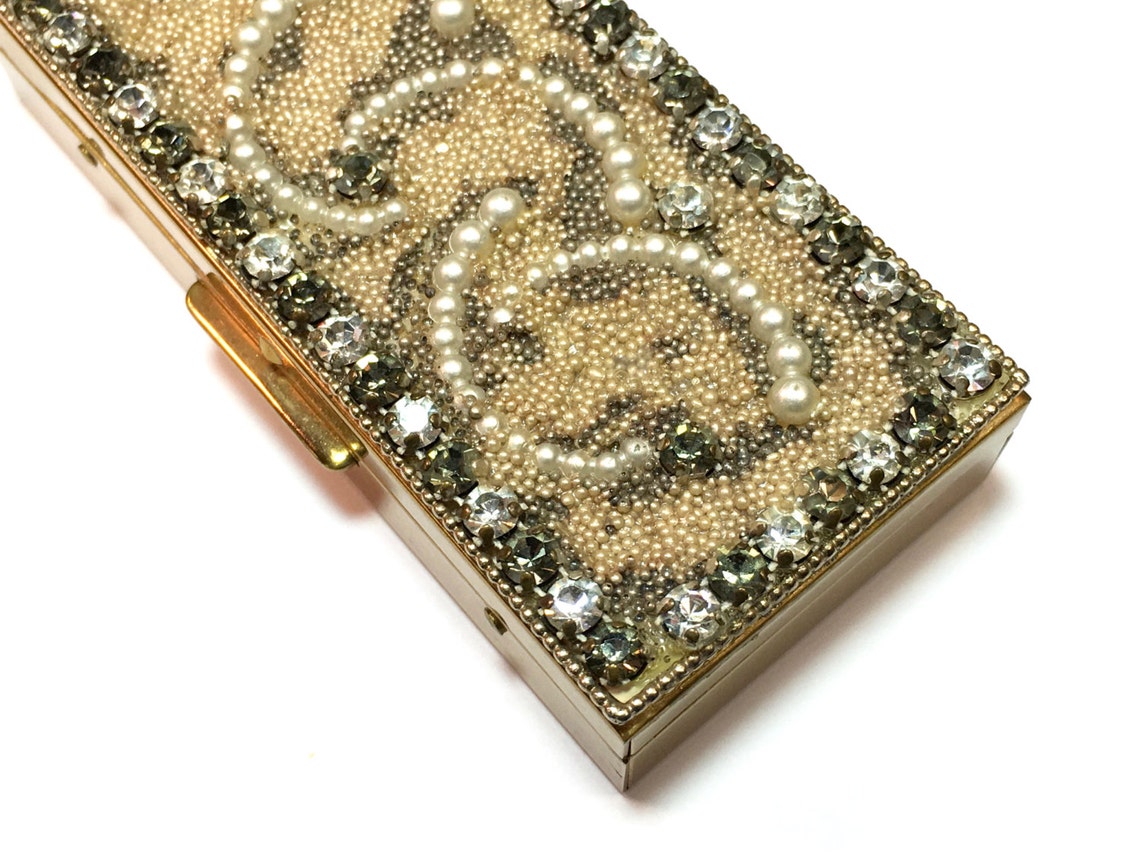 1950s Gold Cigarette Case 50s Pearl Rhinestone & Gold Case Etsy