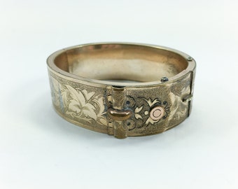 1920s Gold Engraved Hollow Cuff Bracelet | 20s Gold Engraved Buckle Closure