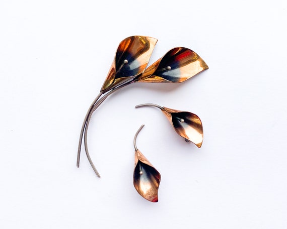 1950s Copper Flower Brooch & Earrings Set | 50s C… - image 3