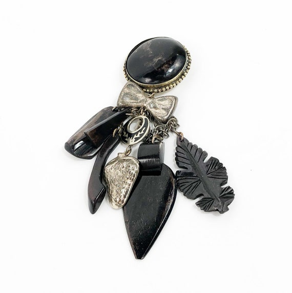 Sandra Burton | 1980s Black & Silver Dangle Brooc… - image 1