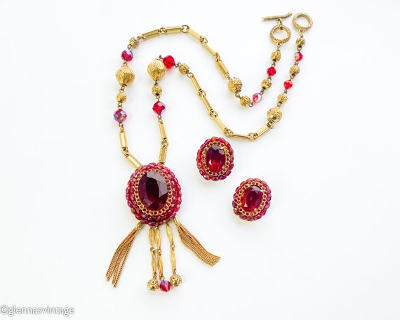 1950s Red Gold Necklace & Earrings Set | 50s Red … - image 4
