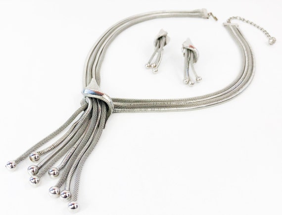 1960s Silver Pendant Necklace Earrings Set | 60s S
