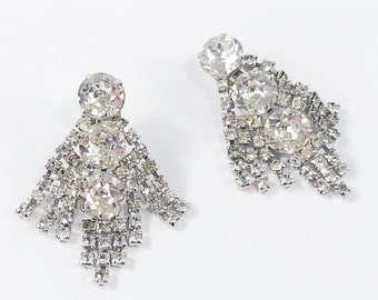 1950s Large Rhinestone Earrings | 50s Rhinestone Cluster Clip Earrings