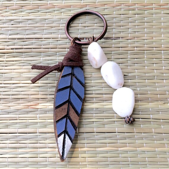 Items similar to Leather Feather Beaded Brass Keychain on Etsy