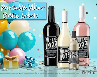 Printable "Vintage 1973" Birthday Year Fun Facts Multi-Size Wine Bottle Labels - Red White Rose Champagne Prosecco Mini - INSTANT DOWNLOAD