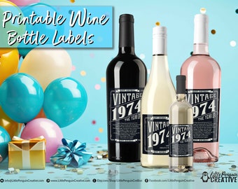 Printable "Vintage 1974" Birthday Year Fun Facts Multi-Size Wine Bottle Labels - Red White Rose Champagne Prosecco Mini - INSTANT DOWNLOAD