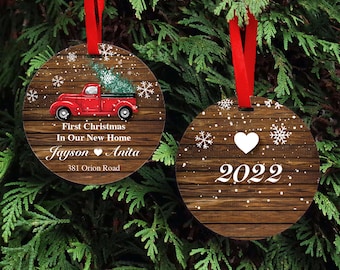 Personalized New Home / Red Truck Acrylic 3" Double-Sided Christmas Ornament (Fully Customizable!)