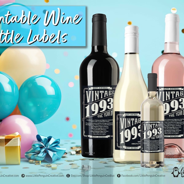 Printable "Vintage 1993" Birthday Year Fun Facts Multi-Size Wine Bottle Labels - Red White Rose Champagne Prosecco Mini - INSTANT DOWNLOAD