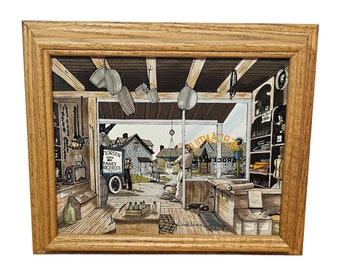 Vintage H. Hargrove Mercantile Canvas Oil Painting Framed