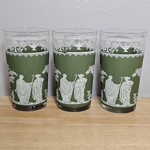 Vintage MCM 60's Jeannette Hellenic Green 8oz Glass Flat Tumblers