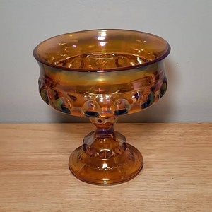 Vintage Indiana Glass Carnival Compote Amber Iridescent Pedestal Candy Dish