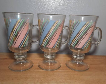 Vintage 80s Libbey Glass Pastel Rainbow Irish Coffee Mugs Pedestal Mugs