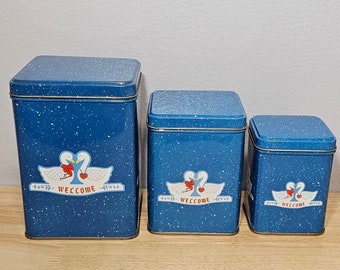 Vintage 80's Country Geese "Welcome" Nesting Tin Canister Set New In Box