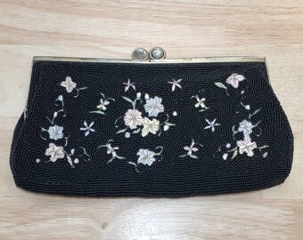 Vintage Embroidered Floral Black Beaded Evening Clutch  Purse