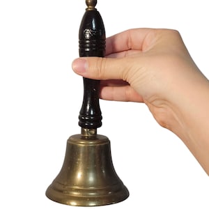 Antique 8&quot; Brass School Teacher&#39;s Hand Bell With Black Wooden Handle