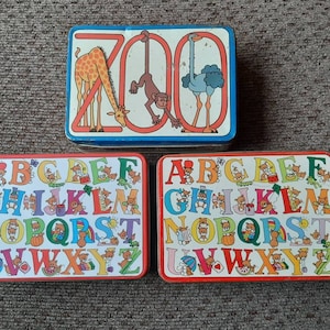 Vintage 80&#39;s Childrens Alphabet and Zoo Metal Tin Containers