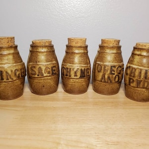 Vintage Stoneware Spice Jars with Cork Lid Set of 5