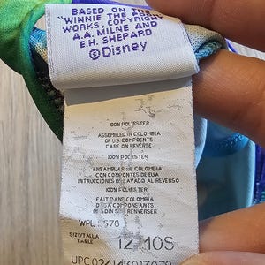 May include: A tag from a Winnie the Pooh garment, featuring text including "&copy;Disney", "100% POLYESTER", and size "12 10S". The tag is white with black text and is attached to a colorful fabric.