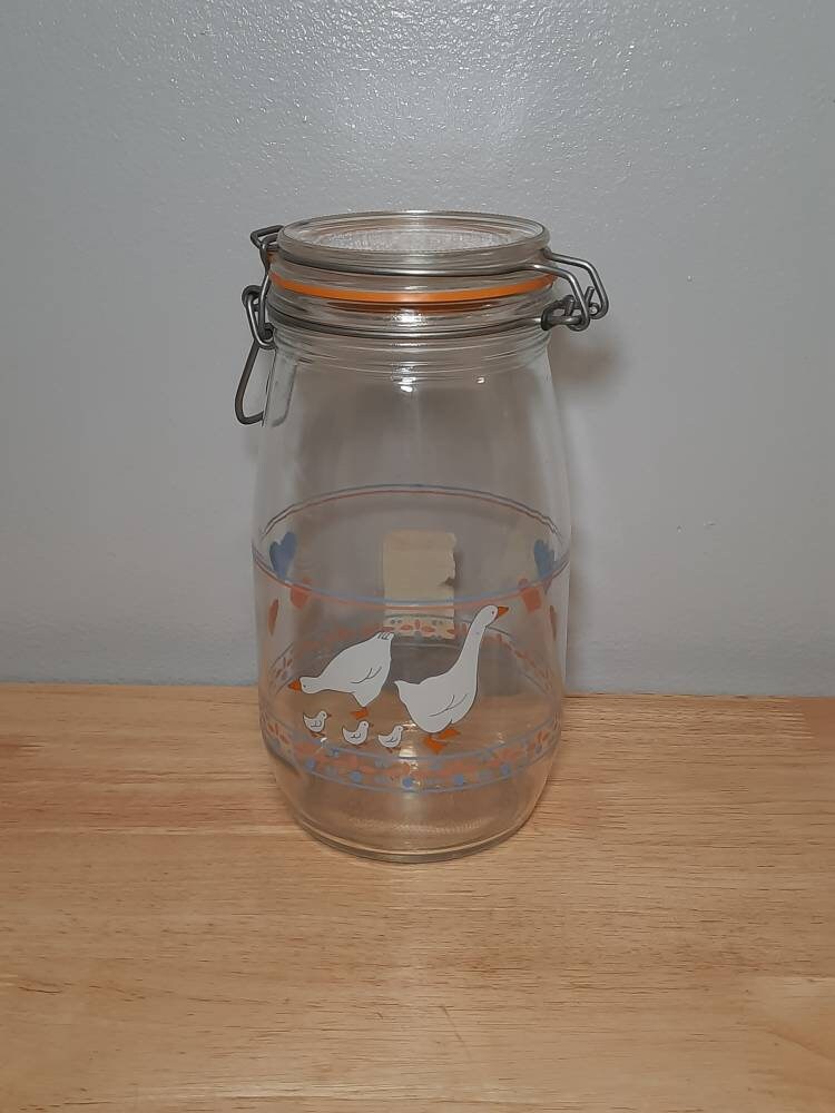 Vintage Ribbon Geese Glass Storage Container Jar