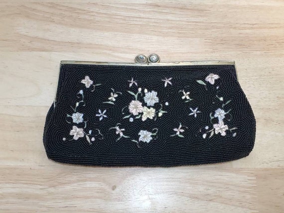 Vintage Embroidered Floral Black Beaded Evening C… - image 1