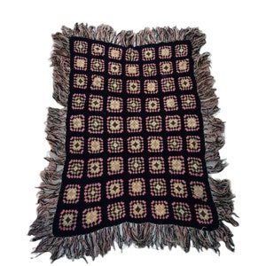 Vintage Handmade Granny Square Crochet Afghan Throw With Fringe