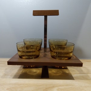 Vintage Mid Century Amber Glassware With Carrier Barware