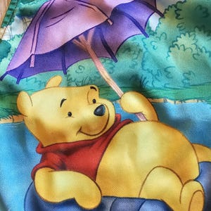 May include: A yellow cartoon bear wearing a red shirt, holding a purple umbrella, and resting on a blue inflatable ring. The background features a blue and green landscape. The image is from a children's product.