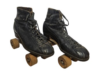 Vintage Chicago Hyde Athletic Black Leather Roller Skates With Wooden Wheels