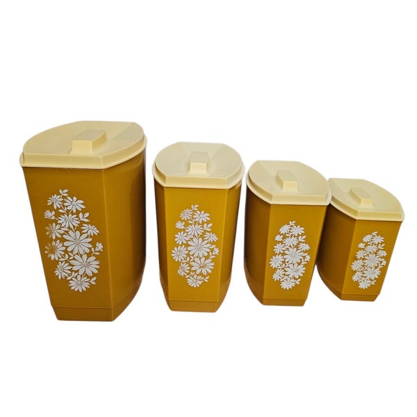 Vintage Mid Century Lustro Ware Harvest Gold White Daisies Plastic Nesting Canisters