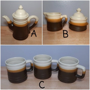Vintage Brown Dip Stoneware Sold Separately Teapot, Coffee Mugs, or Sugar/ Creamer Set