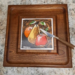 Vintage Fred Press Fruit Tile Cheese Wooden Board With Knife
