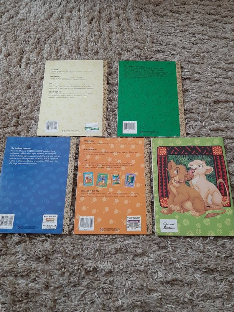 May include: Back covers of five Golden Books featuring The Lion King characters. The books are all different colors and have different designs. The text on the back of the books includes information about the books, such as the author, illustrator, and publisher.