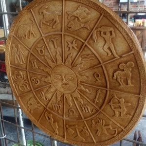 Zodiac Wheel Wall Hanging, 17&quot; Cement Zodiac Wheel, Astrology Wheel, Zodiac Calendar, Round Zodiac Wheel, Sun Signs, Spiritual Decor,