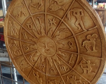 Zodiac Wheel Wall Hanging, 17" Cement Zodiac Wheel, Astrology Wheel, Zodiac Calendar, Round Zodiac Wheel, Sun Signs, Spiritual Decor,