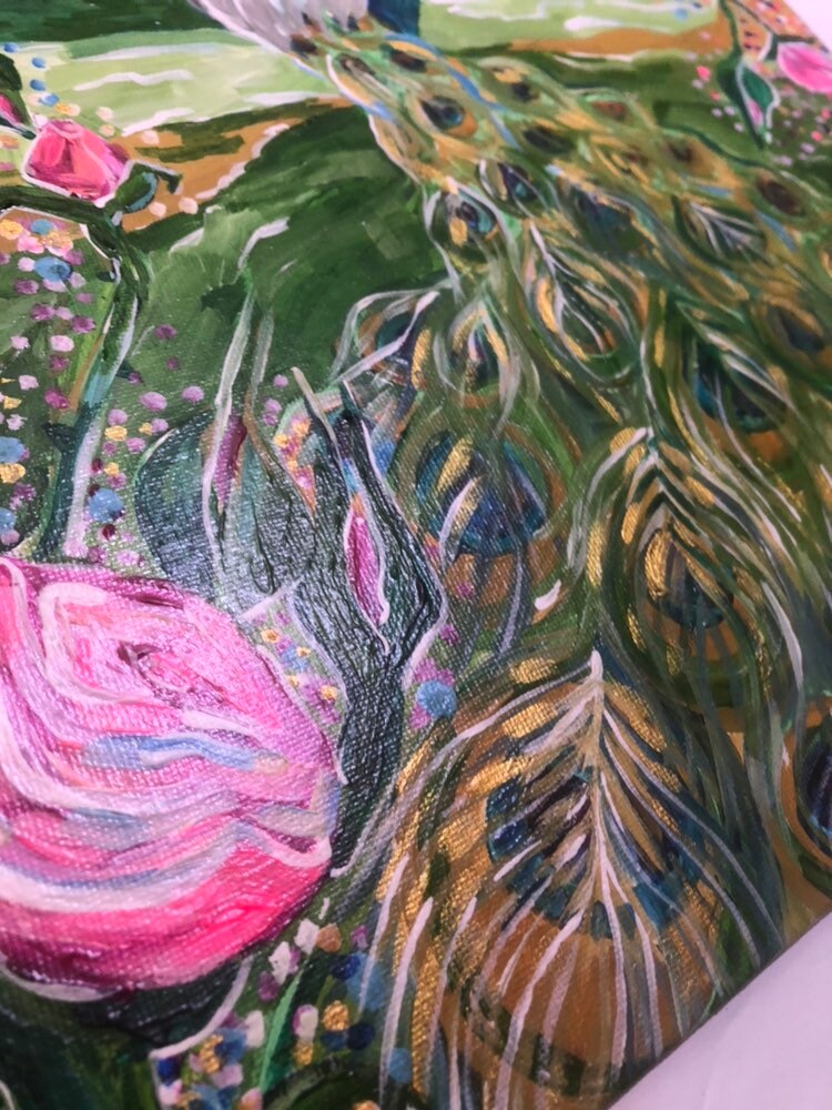 Original Naive Art Acrylic Painting Peacock Canadian Artist Etsy