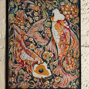 original  Linocut fine art print of Koi fish  original linoprint, reduction block relief printingon black background contrast