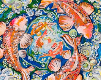 Koi Fish Pond Acrylic Painting, 12x12 Original Art, Lucky Fish
