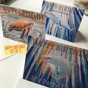 Birthday Cards, Marine theme cards, Canadian Artist. From the sea cards whale, dolphin, turtle,  set of 3 cards, Canada, Birthday Gift
