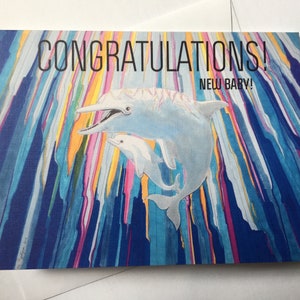 Carte de souhaits en anglais, félicitations nouveau bébé, dauphins