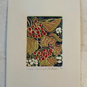 Ukrainian art original  Linocut print of Kalyna, Guelder Rose, original reduction relief linoprinting