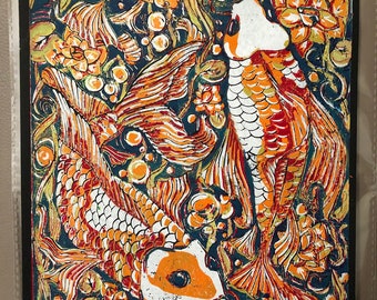 original  Linocut fine art print of Koi fish  original linoprint, reduction block relief printingon black background contrast