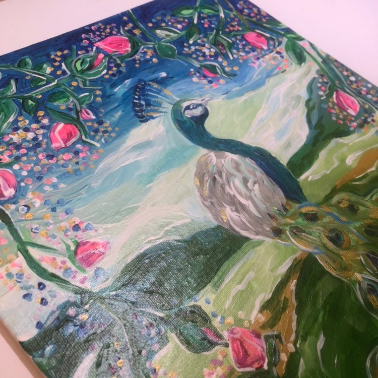 Original Naive Art Acrylic Painting Peacock Canadian Artist Etsy