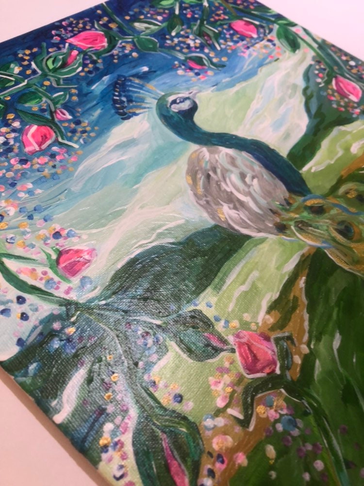 Original Naive Art Acrylic Painting Peacock Canadian Artist Etsy