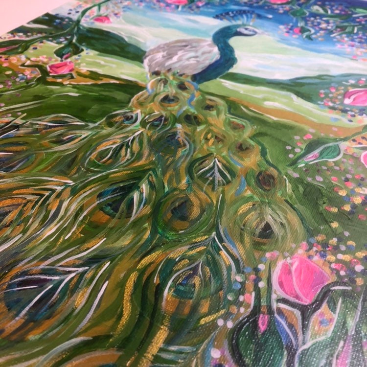 Original Naive Art Acrylic Painting Peacock Canadian Artist Etsy