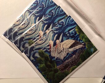 Stork Greeting Cards, Folk Design, Eastern Europe, ethnographic note card, storks, Birds set of 4