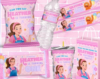 May include: A pink custom party bundle with various items, including chip bag wrappers, water bottle labels, and party bag labels. Each item features a cartoon girl and the text "Heather is Turning One". The bundle is designed for a birthday party.